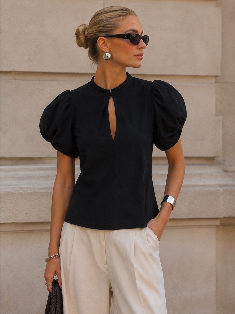 Goop G Label Black Short Puff-Sleeve Top size 2